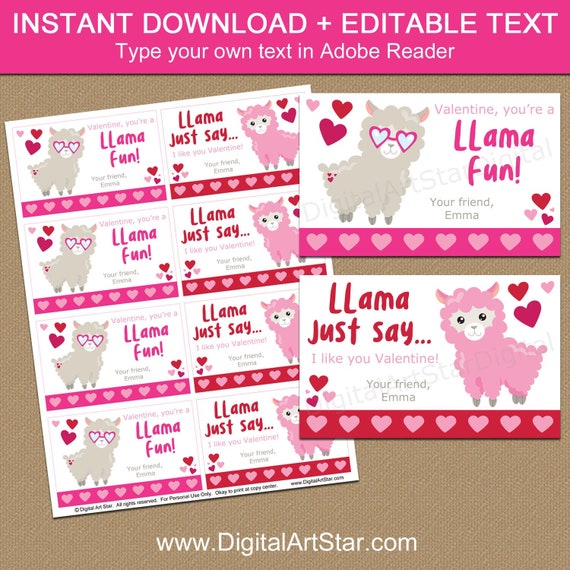 Llama Valentine Cards for Kids, Llama Valentines Day Printable Cards, Elementary School Valentines to Download, Valentine Favor Bag Labels Il_570xn