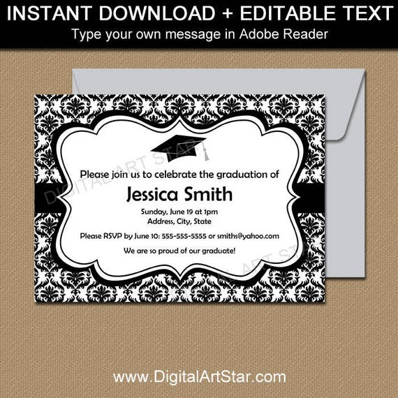 Black and White Graduation Invitation Template, Black and White Graduation Damask Printable Invites, 2021 Graduation Party Downloads Il_570xn