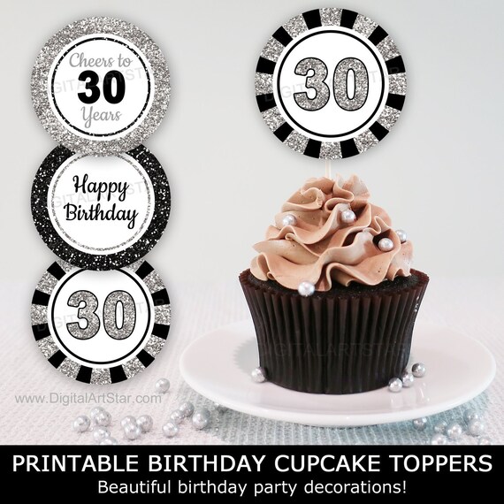 Black and Silver 30th Birthday Cupcake Toppers Printable, 30th Birthday