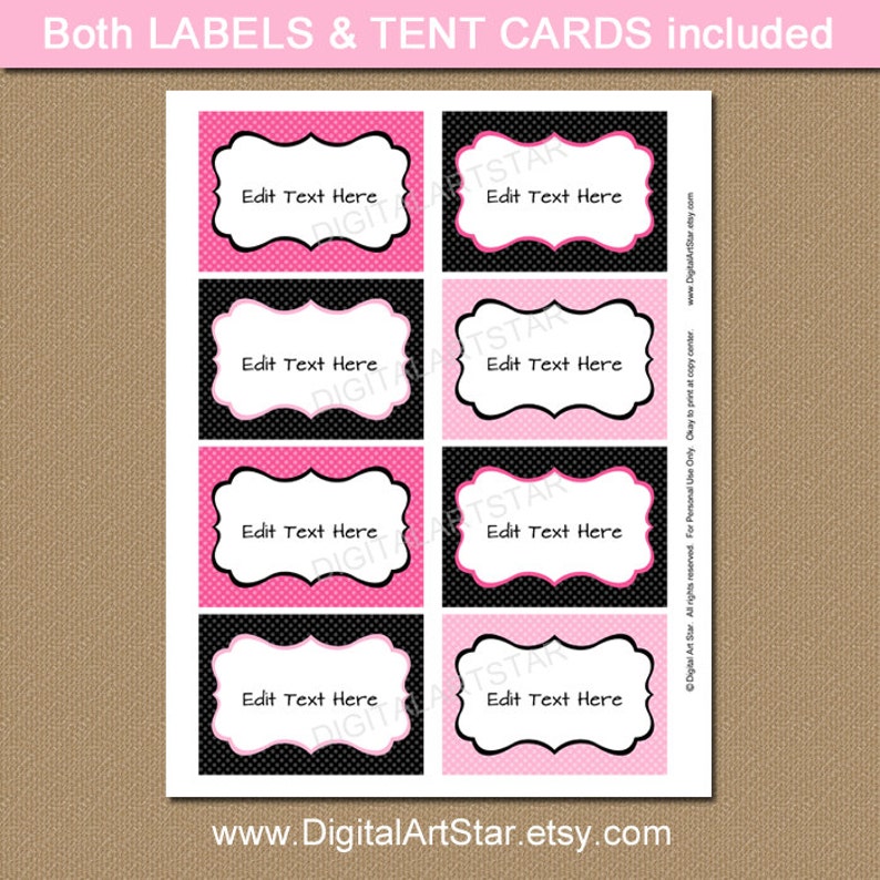 EDITABLE Pink Black Printable Labels, Buffet Cards, Tent Cards, Food Labels INSTANT DOWNLOAD Bridal Shower Labels Birthday Labels image 2