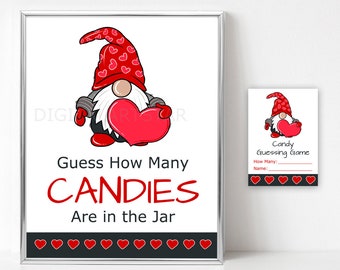 Gnome Valentine Candy Guessing Game and Sign, Guess How Many Candies Valentine's Day Party Game Printable, Games for Kids, Games for Office