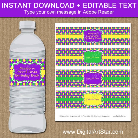 Mardi Gras Water Bottle Labels, EDITABLE Mardi Gras Drink Labels DIY Printable Mardi Gras Birthday Water Labels, Mardi Gras Party Decor M1 Il_570xn
