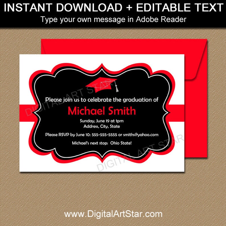 Graduation Invitation Instant Download Black Red Graduation Etsy