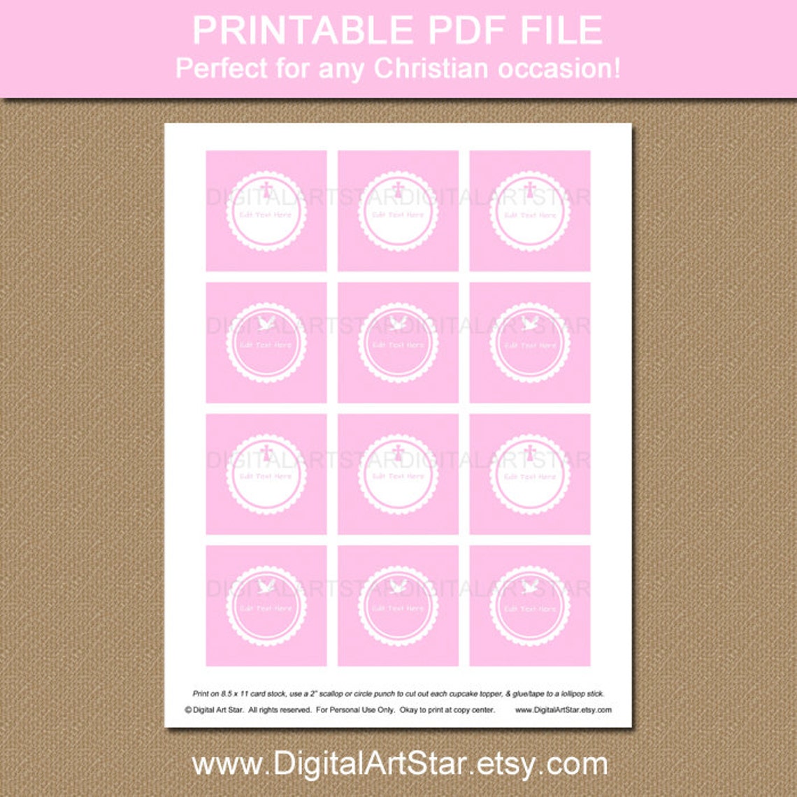 Pink Baptism Cupcake Toppers Printable Baptism Party Decor Etsy