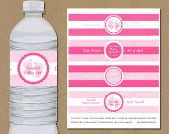 EDITABLE Water Bottle Labels - DIY Printable Pink Baby Shower Water Wrappers - Personalize in Adobe Reader  - INSTANT Download