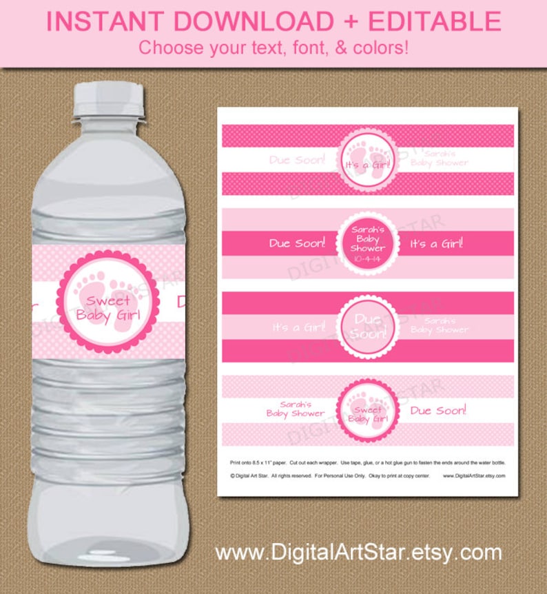 EDITABLE Water Bottle Labels DIY Printable Pink Baby Shower | Etsy