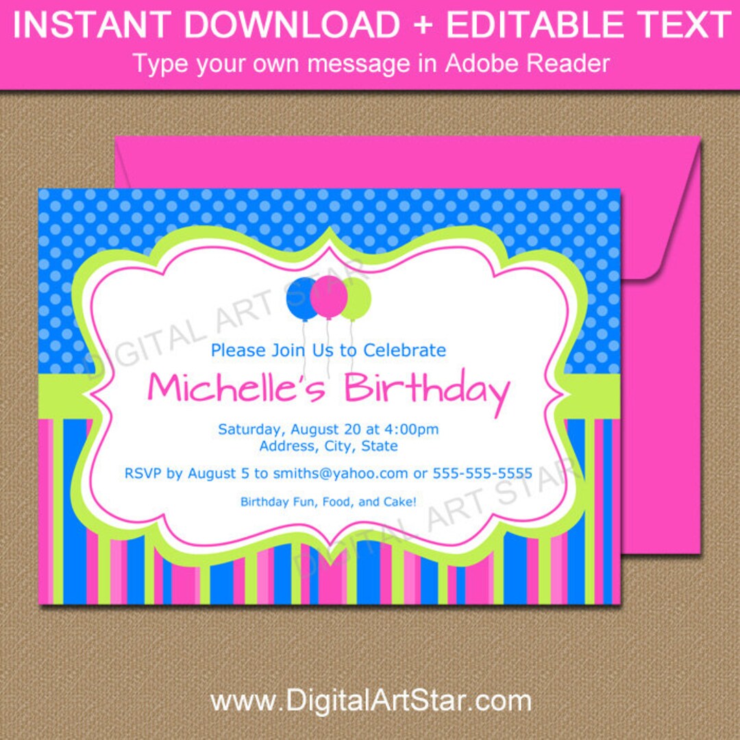 Girl Birthday Invitation Template Woman Birthday Invitation Blue Pink ...