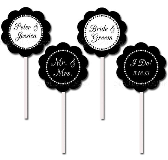 Black And White Wedding Decoration Wedding Cupcake Picks Printable Cupcake Topper Wedding Cupcake Decorations Personalized Custom Topper By Digital Art Star Catch My Party