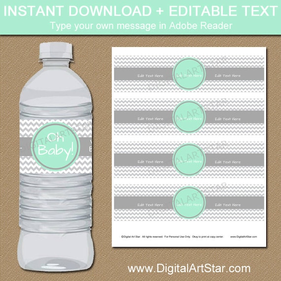 Mint Grey Baby Shower Decorations Printable Water Bottle Etsy