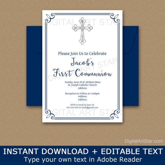 First Communion Invitation Blue, First Holy Communion Invitations for