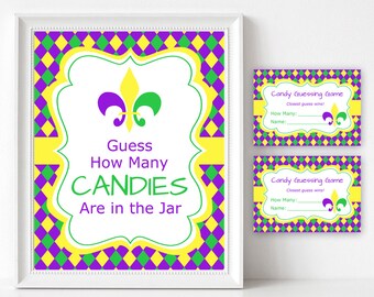 Mardi Gras Candy Guessing Game and Sign, Guess How Many Candies Mardi Gras, Printable Mardi Gras Party Games, Mardi Gras Guessing Game M1