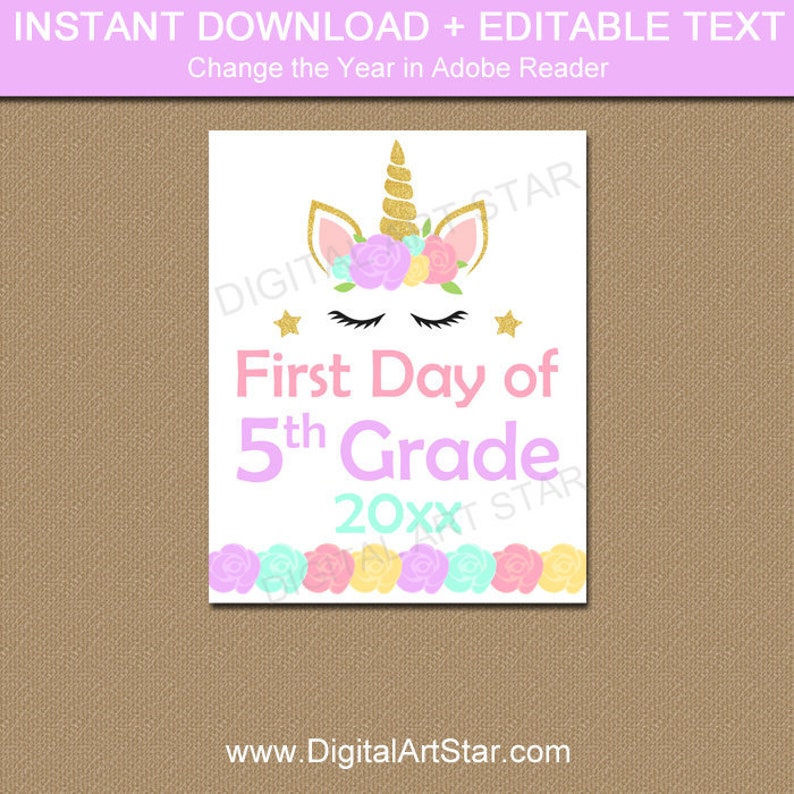 First Day of School Sign Unicorn, First Day of 5th Grade Sign Instant Download, Back to School Printable Sign, Unicorn First Day School U4 image 1