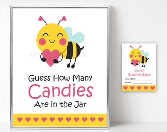 Bee Valentine's Day Candy Guessing Game Template - Printable Valentine Party Game Kids - Guess How many Candies Valentine - Bumble Bee Theme