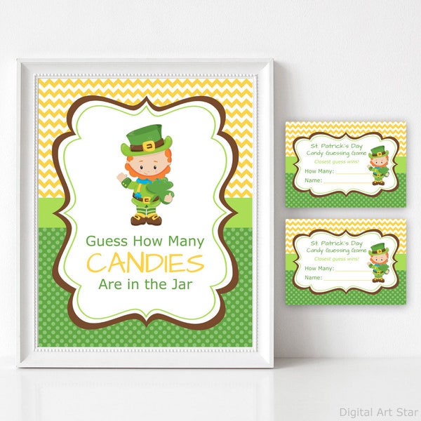 St Patrick's Day Candy Guessing Game and Sign, Guess How Many Candies are in the Jar Printable, Leprechaun Party Games, Candy Game Download