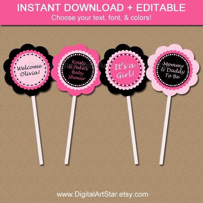 Printable Baby Shower Cupcake Toppers EDITABLE Pink Black | Etsy