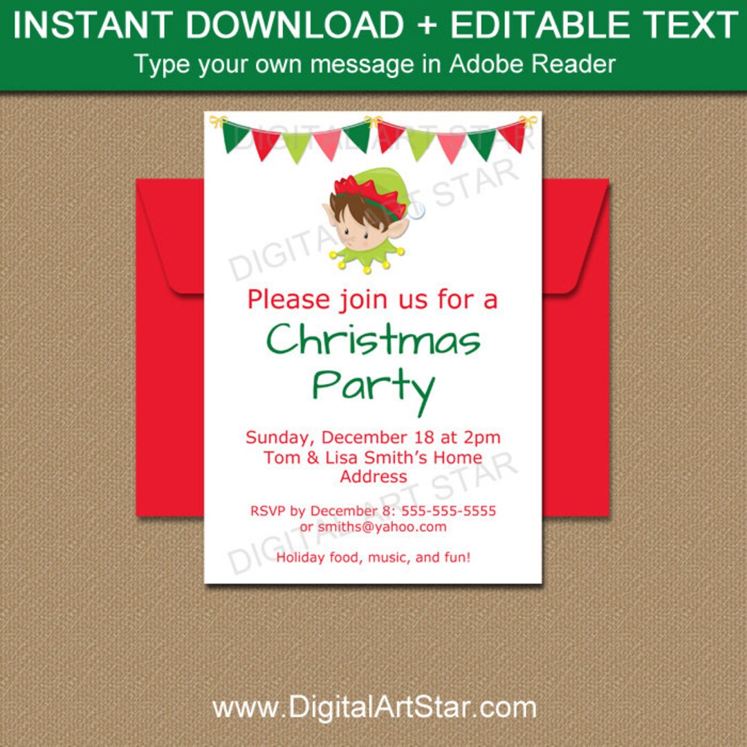 Elf Invitation, Christmas Invitation Template, Holiday Party Invitation