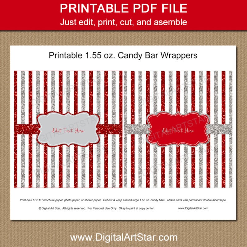 Candy Bar Wrapper Template Wedding Red and Silver Party Favors, Printable Birthday Candy Wrappers, Christmas Chocolate Bar Wrappers B4 image 2