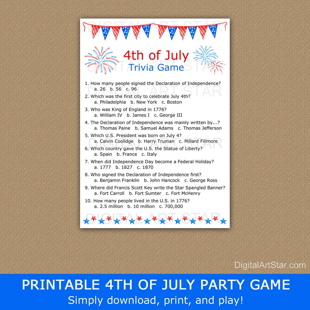 4th of July Trivia Game Printable, July 4th Trivia Quiz, Patriotic ...