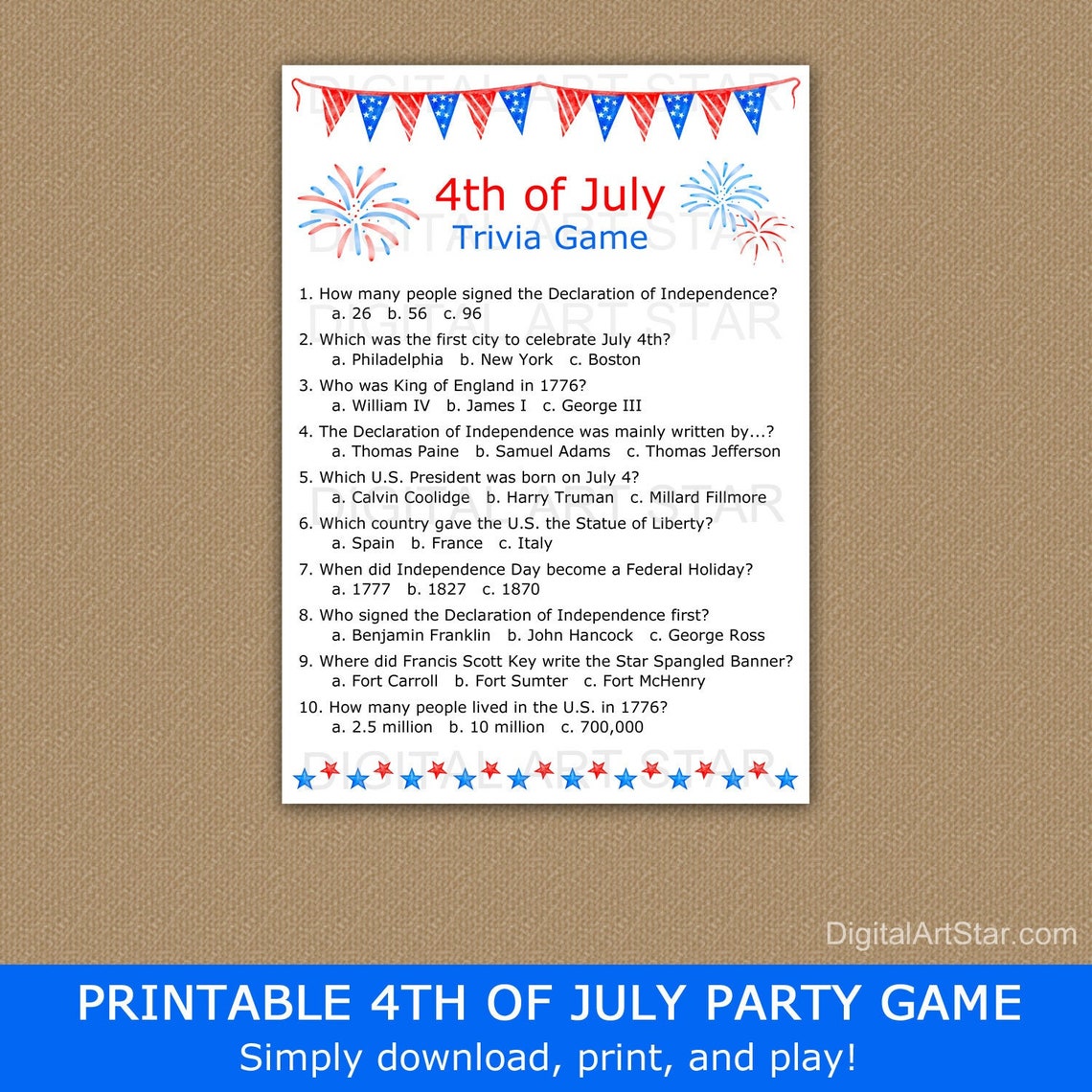4th of July Trivia Game Printable July 4th Trivia Quiz - Etsy
