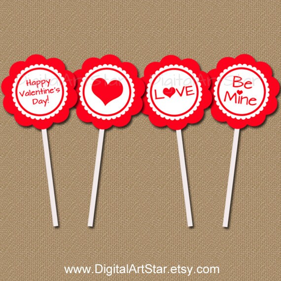DIY INSTANT DOWNLOAD Dots Hearts Printable Party Cupcake Toppers in Red Black White with Cupid Valentines Day Cake Toppers