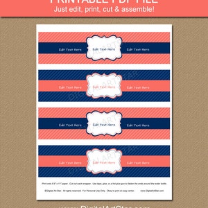 Coral and Navy Water Bottle Labels Navy and Coral Drink Wrappers Printable EDITABLE Template Bridal Shower, Birthday, Wedding Labels image 2