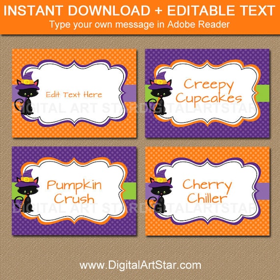 Halloween Printable Labels Food Labels Food Tents Place Cards Tent Cards Editable Label Template Candy Buffet Labels Instant Download By Digital Art Star Catch My Party