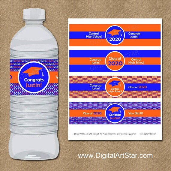 Orange and Blue Graduation Water Bottle Labels, Blue and Orange Graduation Party Decorations Printable, Party Favors Ideas, Bottle Wraps G1 Il_570xn