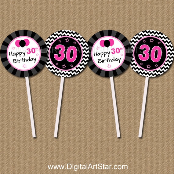Instant Download 30th Birthday Cupcake Toppers 30th and Fabulous topper Printable Black Pearl 30th Birthday Favor tags Sticker!!!