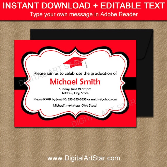 printable graduation party invitation instant download red black high school graduation invite graduation celebration invite editable pdf g1 graduation celebration invitations