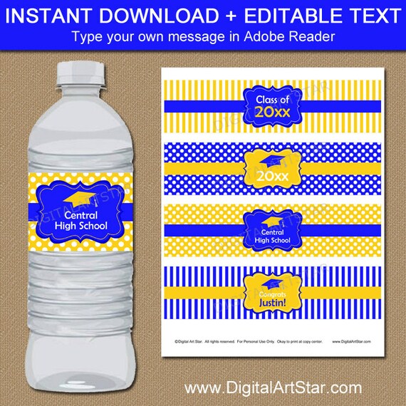 Water Bottle Labels Graduation, 2021 Graduation Party Ideas, Graduation Decor, Royal Blue and Yellow Graduation Labels Editable Template G4 Il_570xn