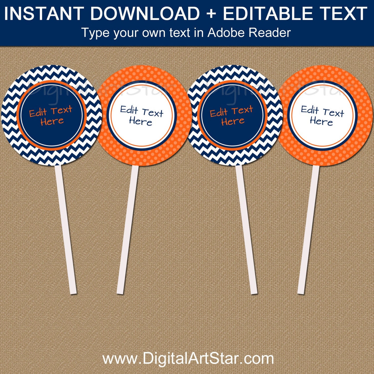 Personalized Birthday Cupcake Toppers Navy and Orange Party Etsy