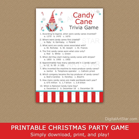 Candy Cane Trivia Game Printable, Christmas Trivia Game Download