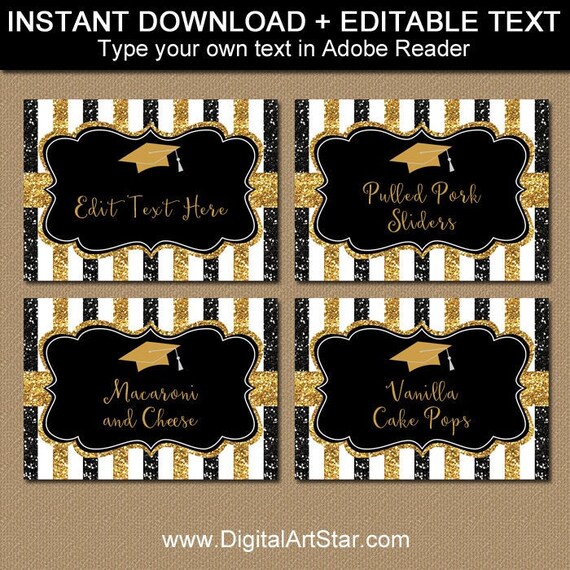 Graduation Candy Buffet Labels, Graduation Place Cards, Graduation Food Labels, Editable Tent Cards Template, Black and Gold Labels G9 Il_570xn