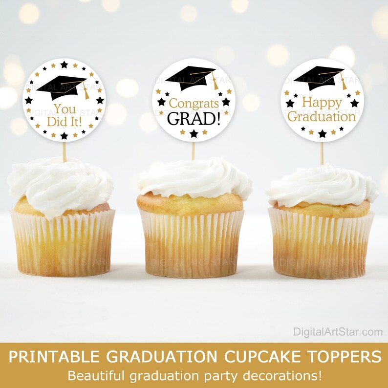 Printable Graduation Cupcake Toppers, Graduation Party Decorations in White Black and Gold, Graduation Cupcake Picks, Graduation Decor G13 image 1