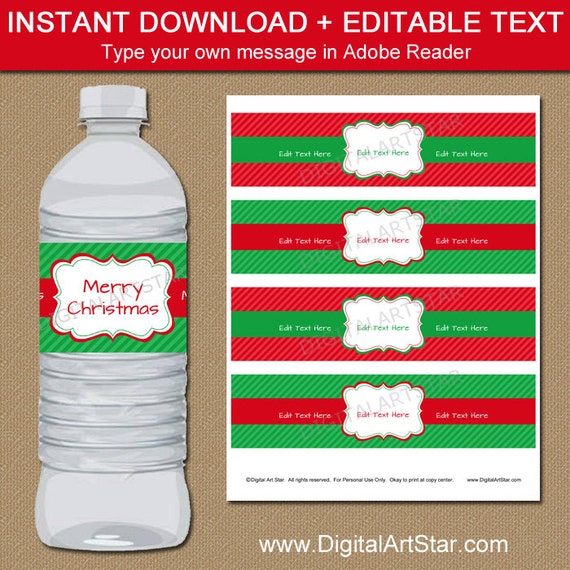 Christmas Water Bottle Label - Xmas Wrapper - Red Green Christmas Party  Favors - Printable Merry Christmas Labels - INSTANT DOWNLOAD