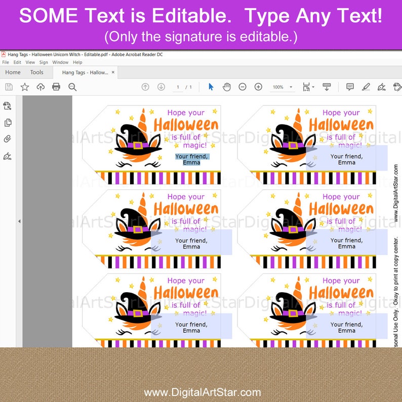 Halloween Unicorn Party Favor Tags Girl Halloween Tags Kids Halloween Gift Tags Printable Editable Halloween Tags Template Download image 2