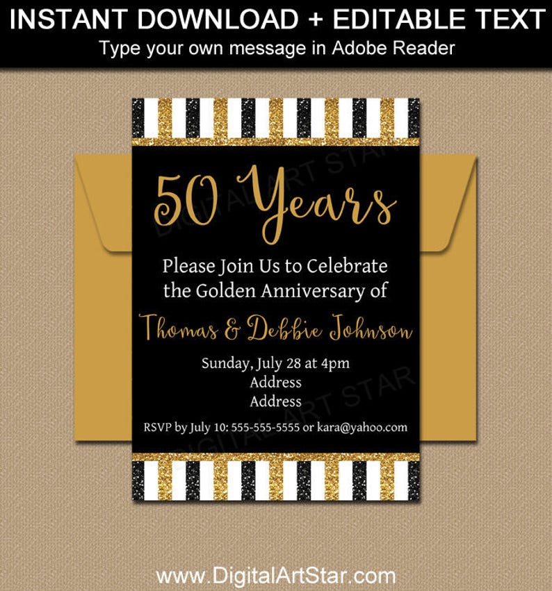 Printable 50th Anniversary Invitations Black And Gold Etsy