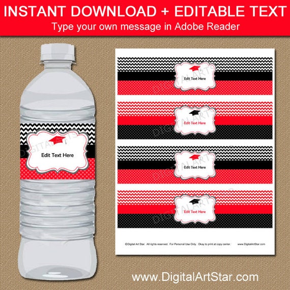 Graduation Water Bottle Labels Instant Download Red And Black Graduation Decorations Printable High School Graduation Party Ideas G3