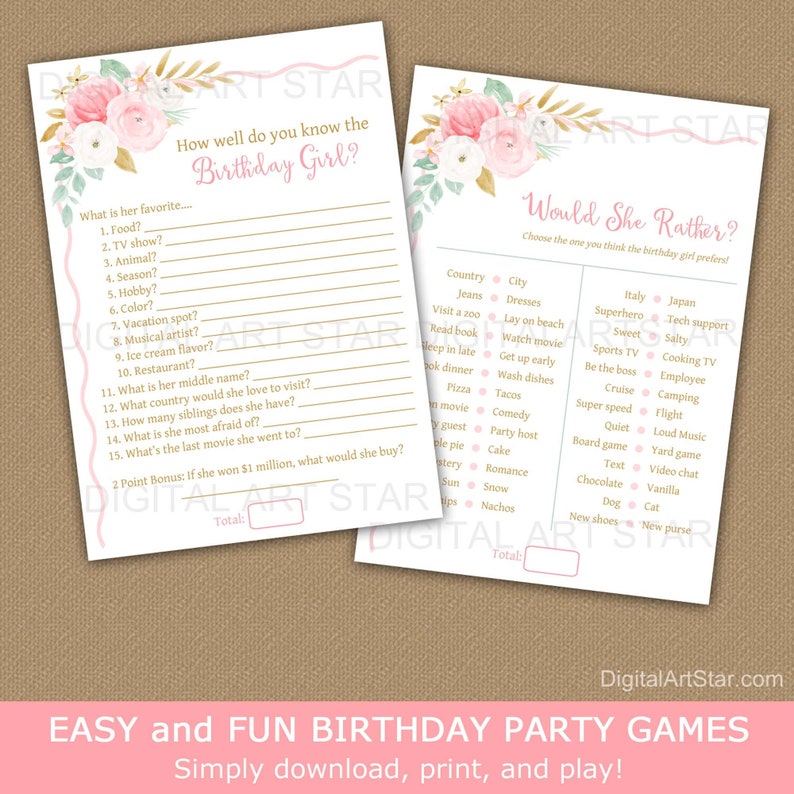 Floral Birthday Game Bundle, Girl Birthday Games, Would She Rather Birthday, Who Knows the Birthday Girl Best, This or That Birthday FL1 image 1