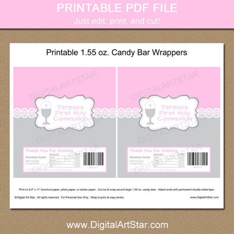 First Communion Chocolate Bar Wrappers Printable Candy - Etsy