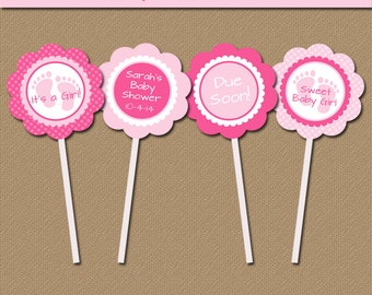 EDITABLE Baby Shower Printable Cupcake Toppers - Digital Cupcake Picks - Personalize in Adobe Reader - Pink White Tags - INSTANT DOWNLOAD