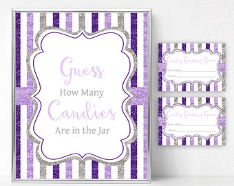 Candy Guessing Game, Purple Baby Shower Game, Birthday Games for Women, Retirement Games, Printable Games, Guess How Many Candies B4