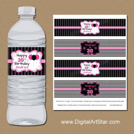 Birthday Water Bottle Labels Pink Black Party Decorations