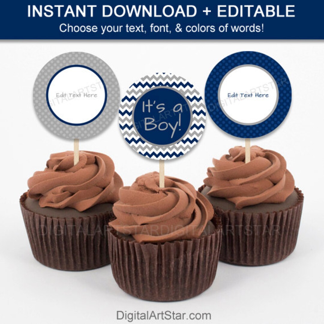 Baby Shower Cupcake Toppers Printable Baby Shower Party Favor Tags Navy ...
