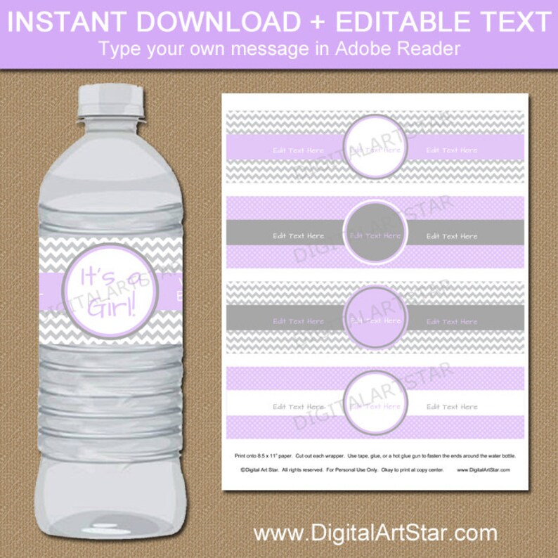 lavender grey baby shower water bottle labels printable etsy