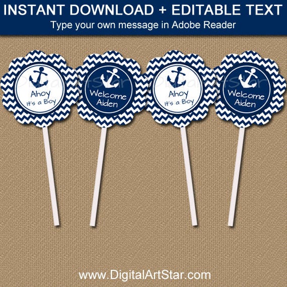 Nautical Baby Shower Cupcake Toppers, Ahoy Its a Boy, Nautical Its a