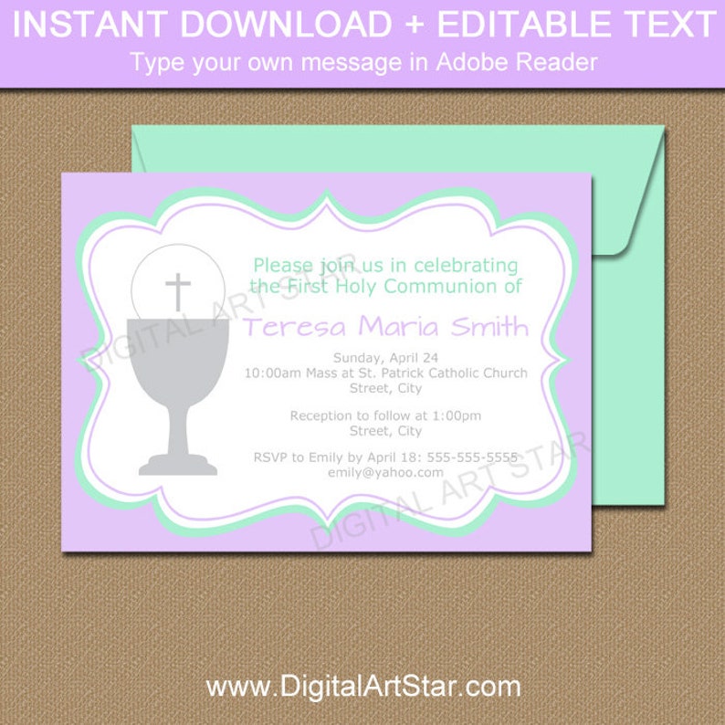 Women of all ages Initial Communion Invitation Printable, 1st Communion Invitation Lavender and Mint Inexperienced, Editable Initially Holy Communion Invite FC1 photograph relating to Printable First Communion Invitations named Gals 1st Communion Invitation Printable, 1st Communion Invitation Lavender and Mint Inexperienced, Editable To start with Holy Communion Invite FC1