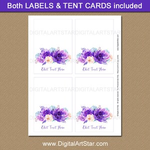 Purple Floral Place Cards Template Wedding, Editable Food Labels, Food Tent Cards Baby Shower ...