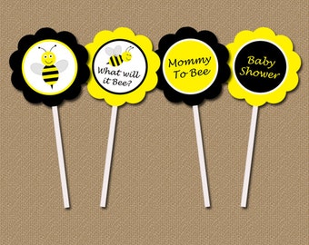 Bumble Bee Baby Shower Cupcake Toppers, Printable Baby Shower Bumble Bee Cupcake Picks, Yellow Black Gender Neutral Baby Shower Decorations