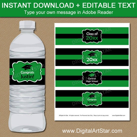 Graduation Water Bottle Labels Printable, Kelly Green Graduation Party Decorations Class of 2021 ...